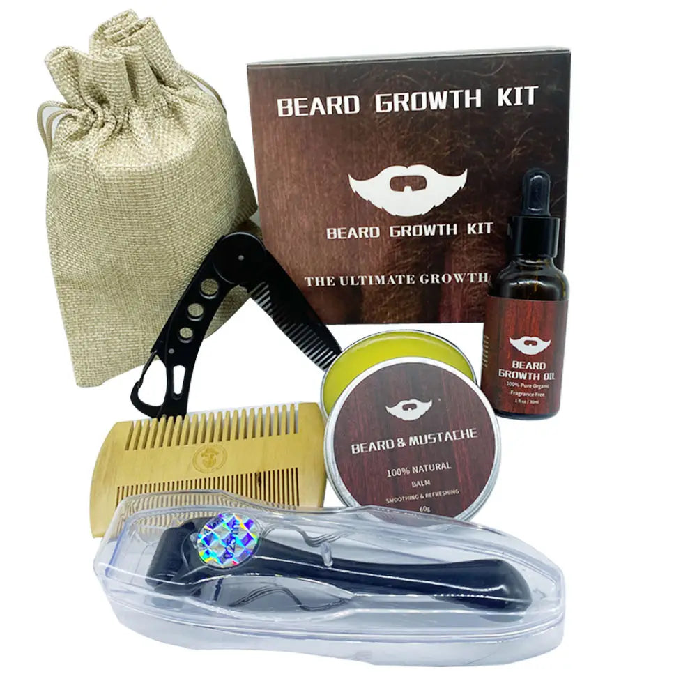 Bartwuchs-Kit mit 540-Mikronadel-Roller, einschließlich Holzkamm, schwarzem Klappkamm, bernsteinfarbener Glasflasche mit Bartöl und Tropfverschluss sowie natürlichem Balsam in einer runden Dose.