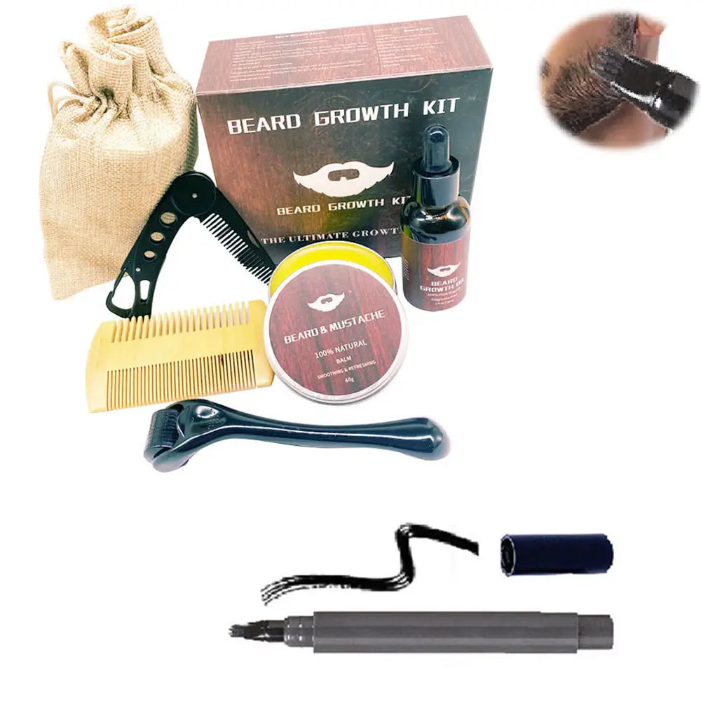 Schwarzes und silbernes Bartwuchs-Kit mit 540-Mikronadel-Roller, Tropfflasche, Balsamglas, Kammmöglichkeiten und Styling-Stift für die Pflege und das Grooming von Gesichtsbehaarung.