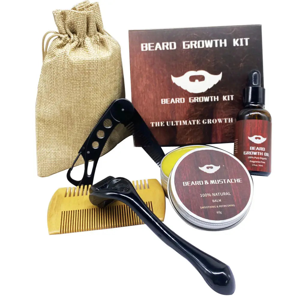Bartwuchs-Kit, bestehend aus einem schwarzen ergonomischen Kunststoff-Barttrimmer, einem Holzkamm und natürlichem Balsam in einer silbernen Dose mit 540-Mikronadel-Roller und Öl.