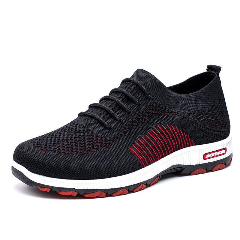 Herren-Strickatmungsaktive Freizeitsportschuhe in Schwarz und Rot mit weißer Zwischensohle und profilierter Gummiaußensohle