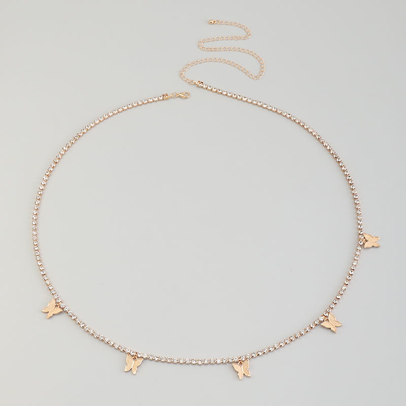 A delicate rose gold sparkling butterfly waist chain with rhinestone accents and five small butterfly charms.