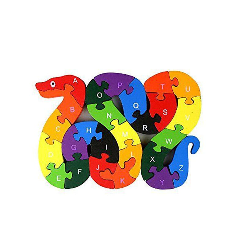 Puzzle d’alphabet en bois coloré en forme de serpent, chaque segment présentant une lettre différente aux teintes éclatantes, issu de la collection de puzzles d’alphabet en bois animaux et véhicules.