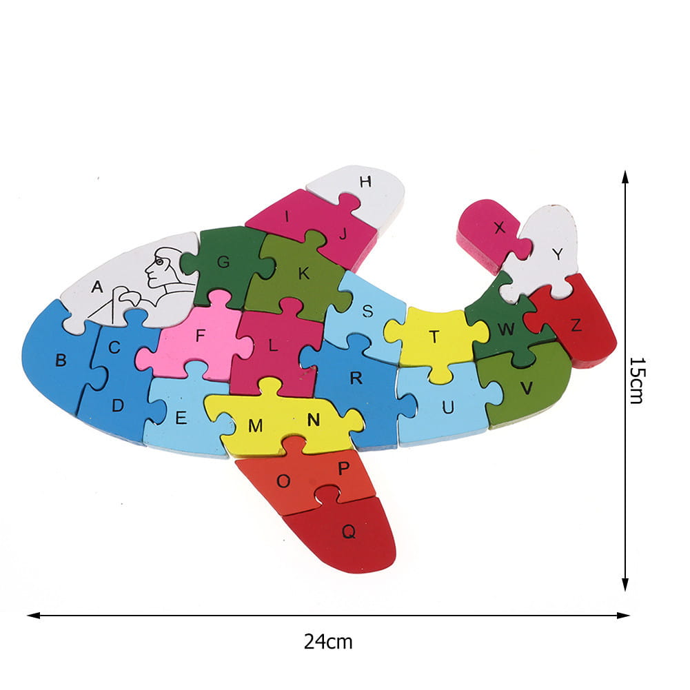 Jeu d’assemblage en bois de lettres en forme d’animaux et de véhicules, comprenant un puzzle d’alphabet en forme de requin en bois aux couleurs vives avec des pièces de lettres bleu, vert, rose, jaune et rouge.