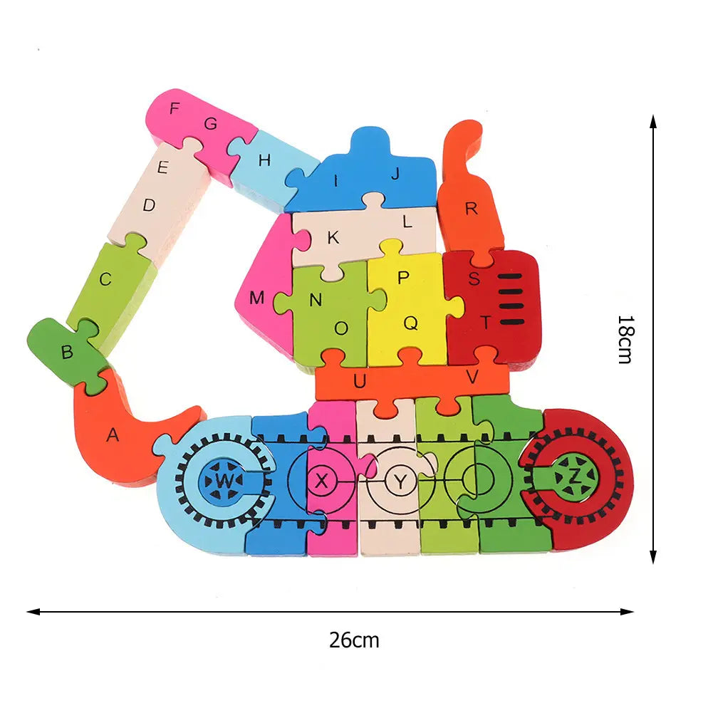 Puzzle d’alphabet en bois coloré en forme d’extracteur de chantier, avec des pièces de lettres rose, bleu, vert, orange et rouge aux couleurs vives, issues de la collection de puzzles d’alphabet en bois animaux et véhicules.