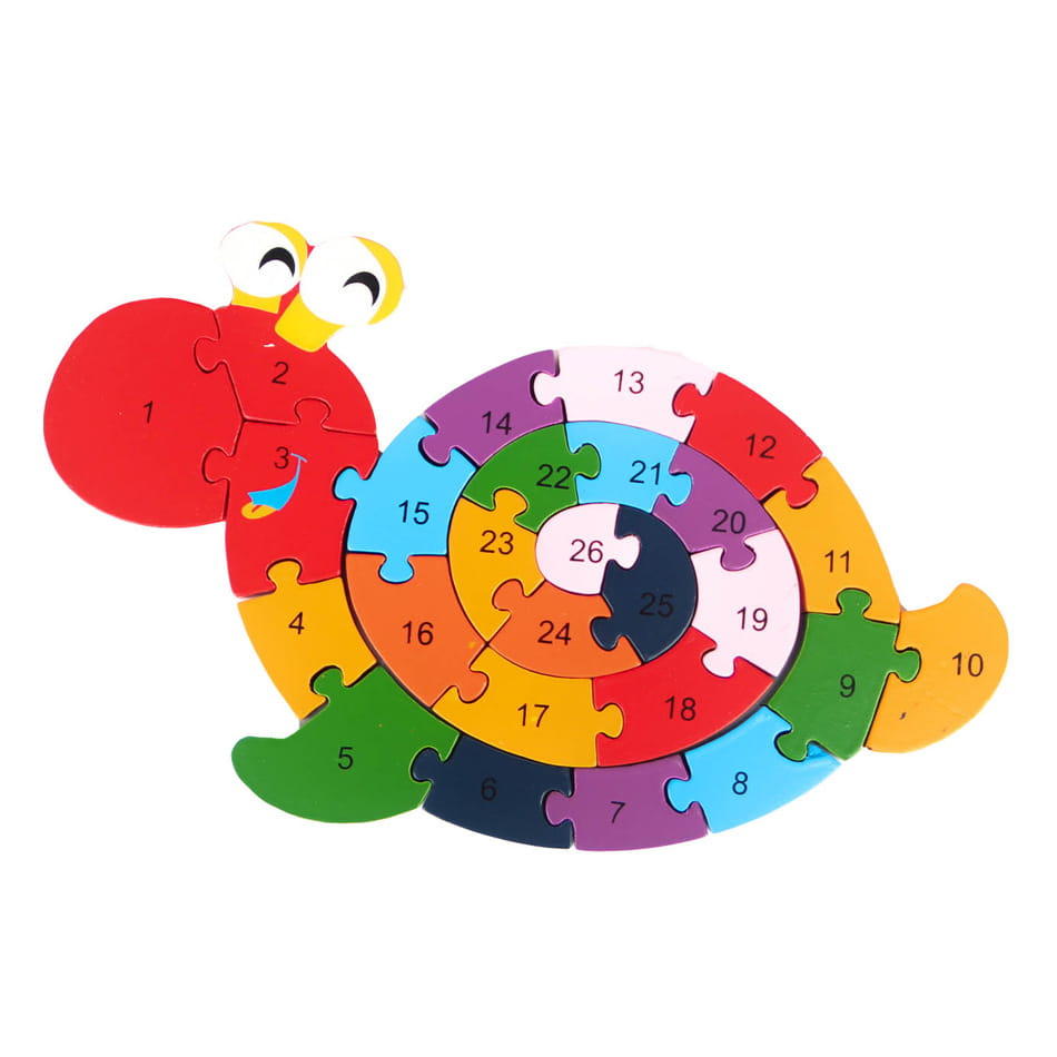 Puzzle d’assemblage en bois coloré en forme d’escargot, avec des pièces numérotées et des yeux façon dessin animé, issu de la collection de puzzles d’alphabet en bois animaux et véhicules.
