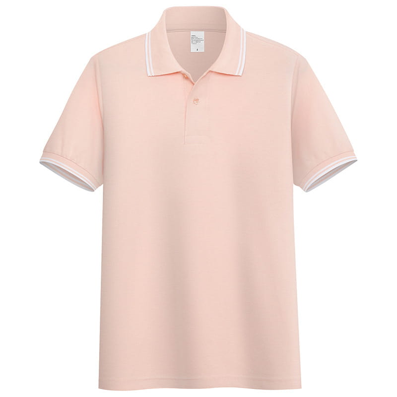 A soft pink men’s summer polo shirt with white striped trim on the collar and sleeve cuffs featuring a stand collar design.
