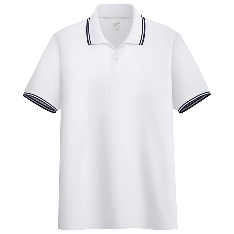 Men’s summer striped trim stand collar polo shirt in white with navy blue and white striped trim on the collar and sleeve cuffs.