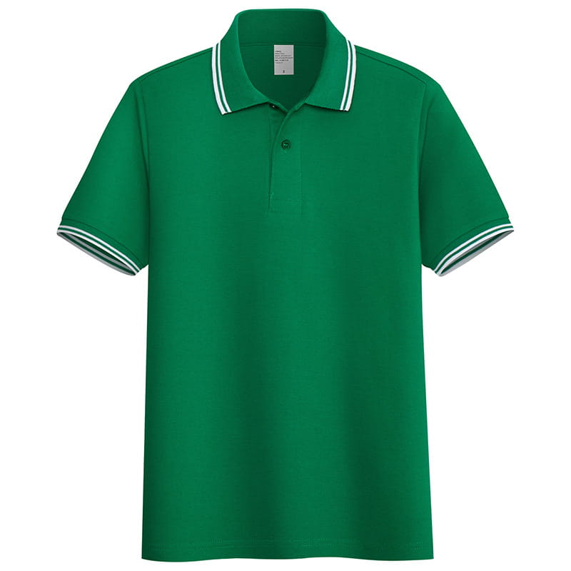 Men’s summer striped trim stand collar polo shirt in vibrant green with crisp white collar and sleeve cuffs.