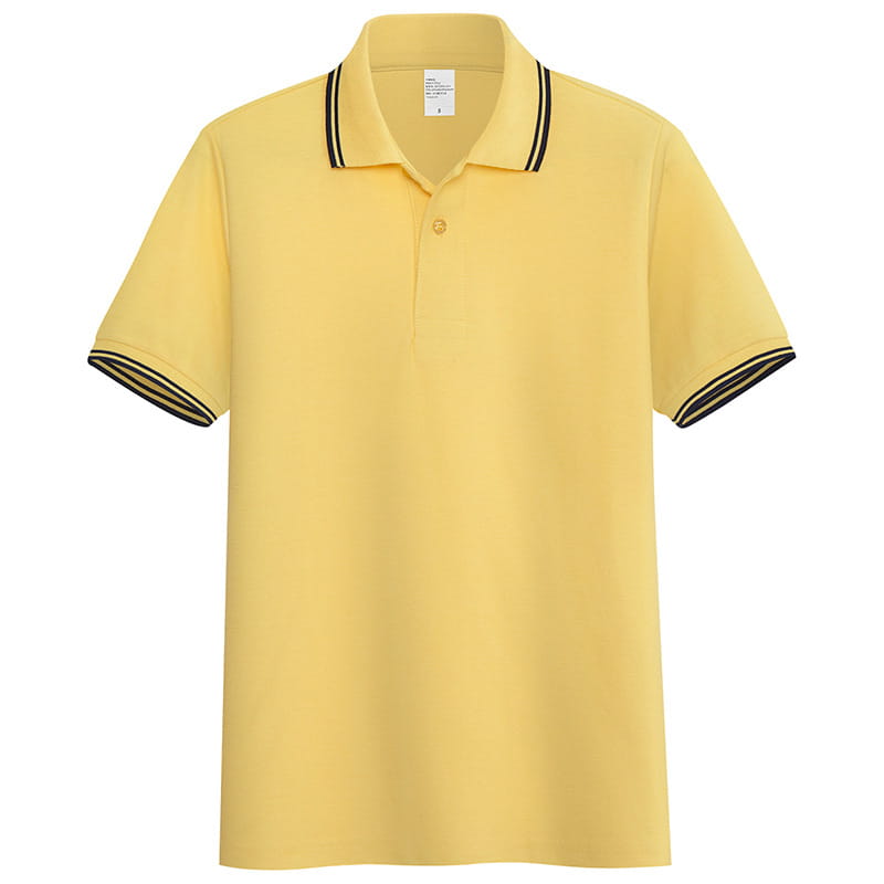 A vibrant yellow men’s summer polo shirt with short sleeves and black striped trim along the collar and sleeve cuffs.