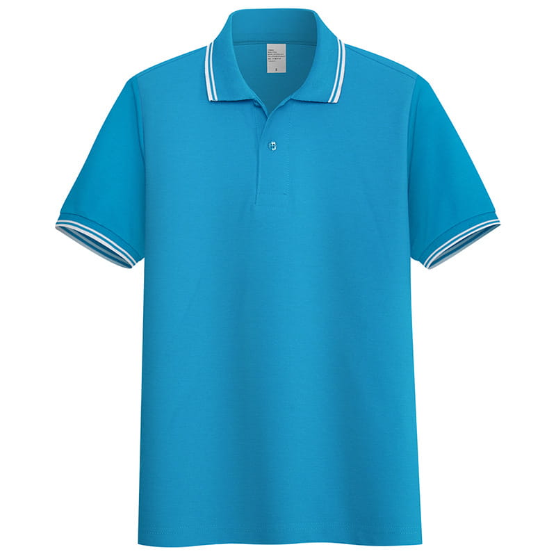 Men’s summer striped trim stand collar polo shirt featuring a bright blue short-sleeved design with white trim on the collar and sleeve cuffs.