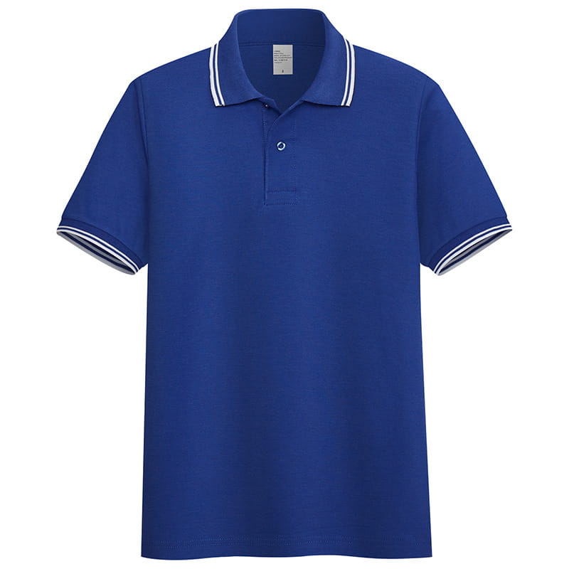 Men’s summer royal blue polo shirt with white and navy striped trim on the collar and sleeve cuffs designed for casual wear.