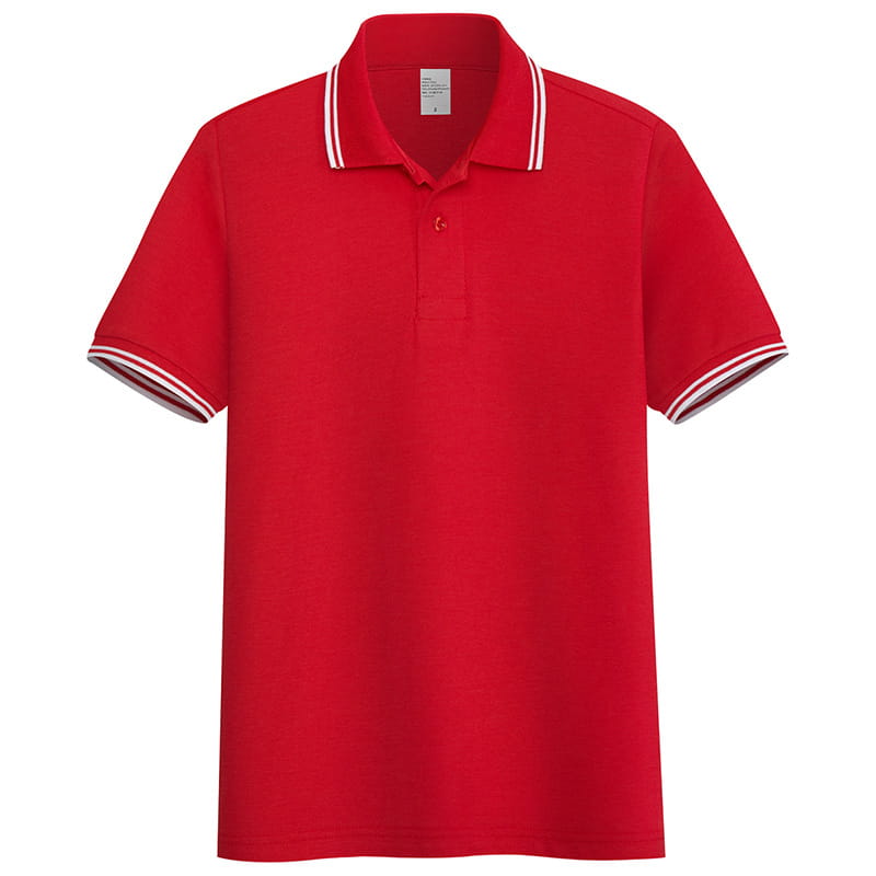 Red short-sleeved men’s summer polo shirt with white striped trim on the collar and sleeve cuffs designed for casual wear.