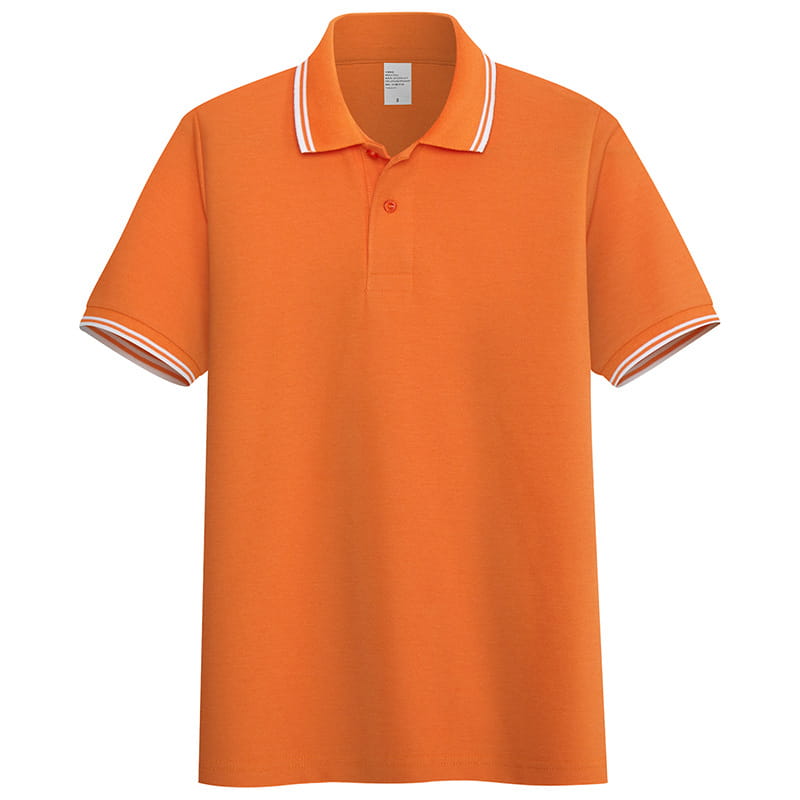 Bright orange men’s summer polo shirt with white striped trim on the collar and sleeve cuffs made from lightweight breathable fabric.