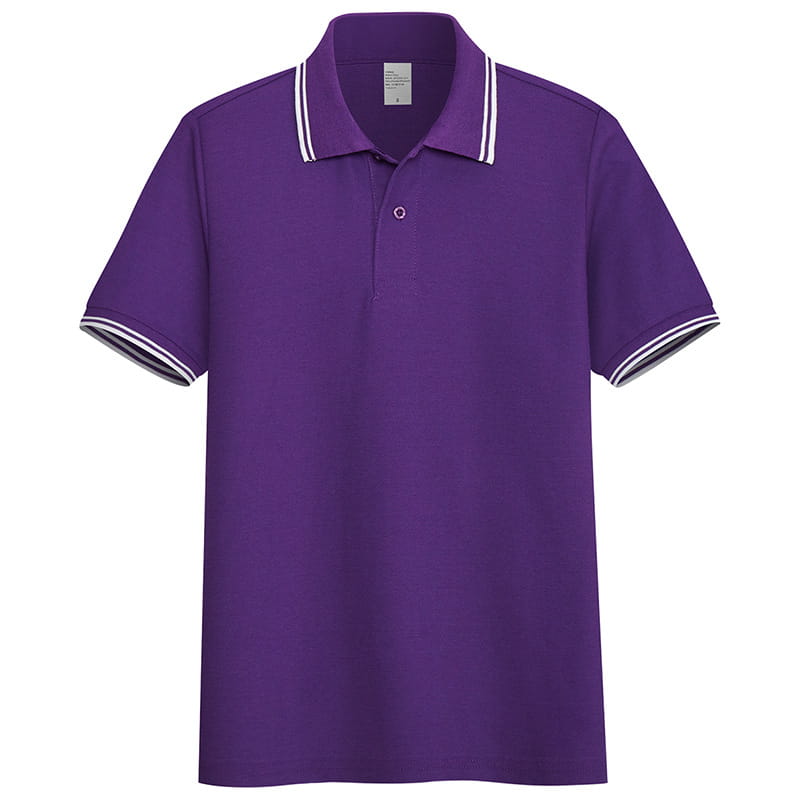 Men’s summer striped trim stand collar polo shirt in purple with white trim on the collar and sleeve cuffs.