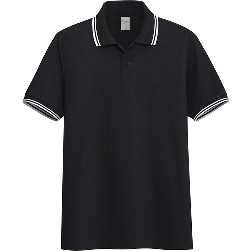 Men’s summer short-sleeved black polo shirt with white double stripes on the collar and sleeve cuffs featuring a stand collar design.