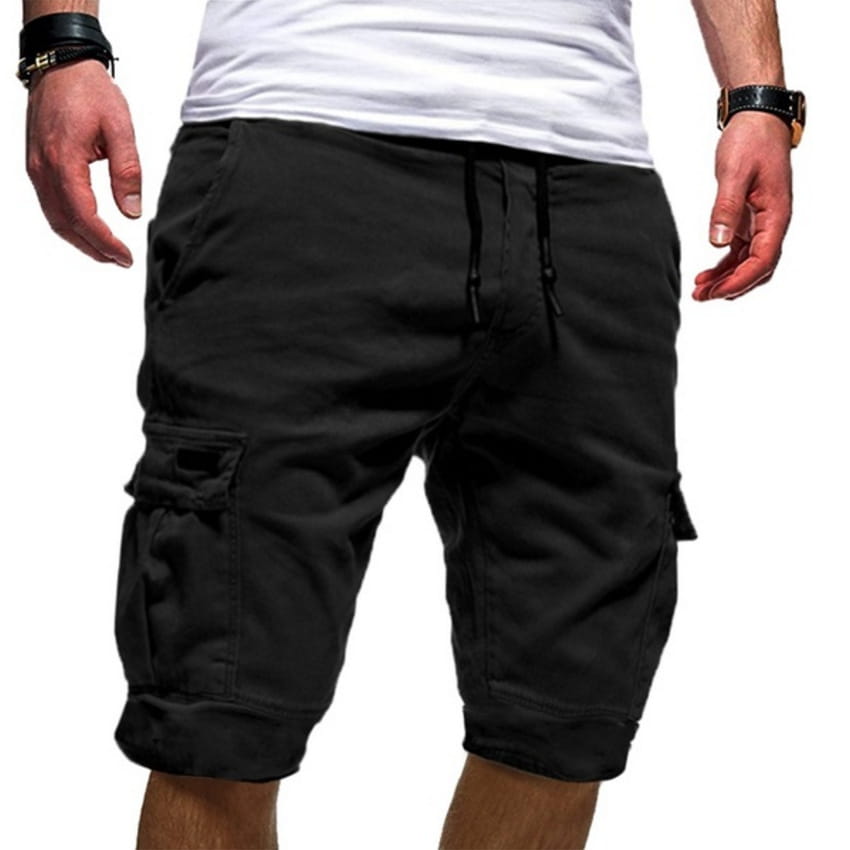 Herren-Urban-Cargo-Jogger-Shorts in Schwarz mit Kordelzug in der Taille und umgeschlagenen Bündchen, entworfen für den Freizeitgebrauch.