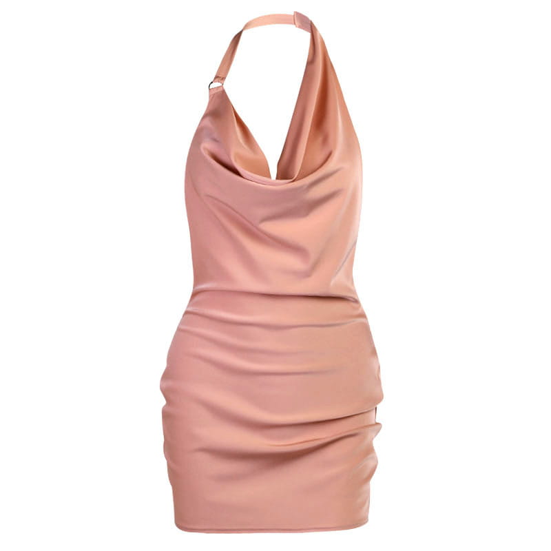 A sleek blush pink satin halter mini party dress featuring a draped neckline and ruched detailing.