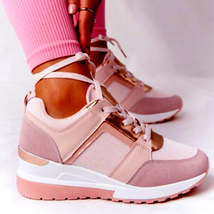 Platform sneakers mesh wedge lace up casual shoes featuring pink and rose gold athletic design with mesh and suede upper and white midsole.