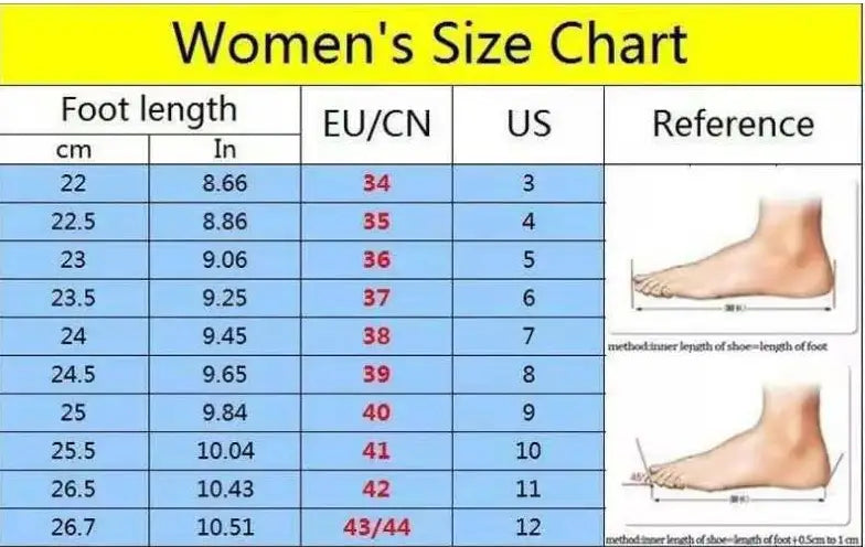 Women’s platform sneakers mesh wedge lace up casual shoes size chart displaying foot length in centimeters and inches with corresponding European CN and US shoe sizes and foot reference diagrams.