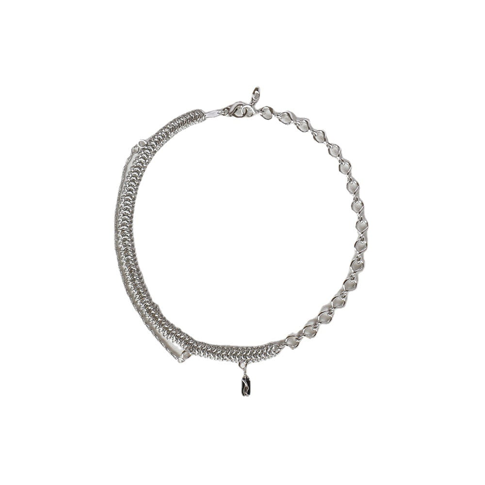 Silver-toned textured heart link chain necklace with a woven design and a small black charm pendant.