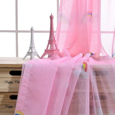pink sheer curtain with subtle rainbow trim and delicate lace detailing from rainbow blackout and sheer curtains for kids room collection