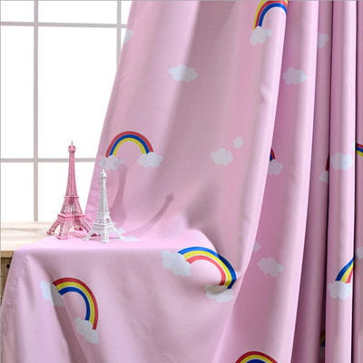 Pink blackout and sheer curtains for kids room featuring colorful rainbow and cloud patterns