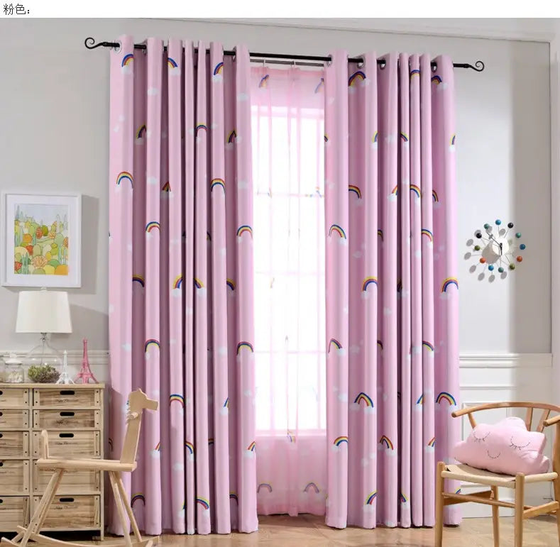 pink blackout and sheer curtains for kids room featuring rainbow and cloud patterns hanging from a black rod