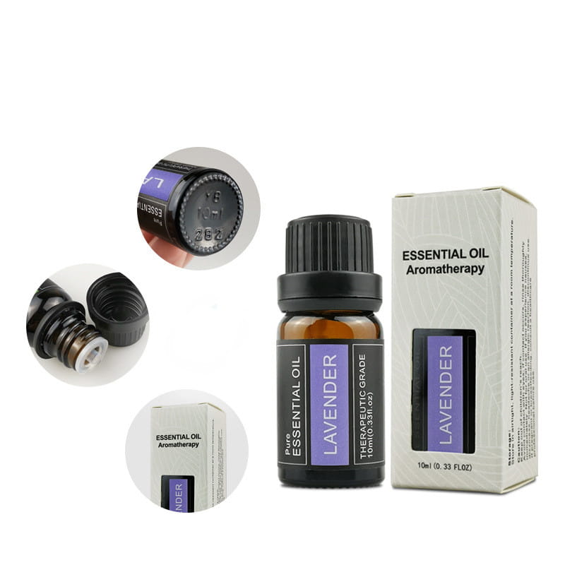 Eine elegante Amber-Glasflasche mit schwarzem geripptem Verschluss und violetter Beschriftung, die Lavendel-ätherisches Öl aus der Essential Oil Aromatherapy Set 10ml Duftbox enthält.