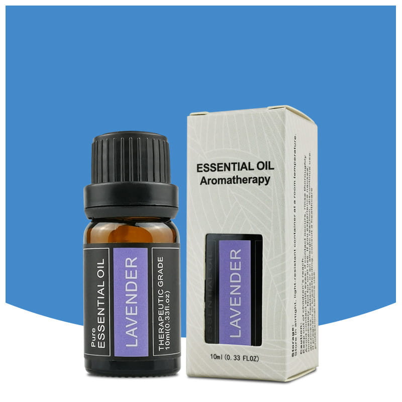 Eine elegante Amber-Glasflasche mit schwarzem geripptem Verschluss und violetter Beschriftung, die doTERRA Lavendel-ätherisches Öl aus der Essential Oil Aromatherapy Set 10ml Duftbox enthält.