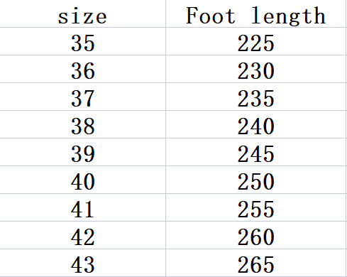 Un tableau présentant les tailles de chaussures et les longueurs de pied correspondantes en millimètres pour des sandales compensées en cuir à motif floral rétro et des mules.