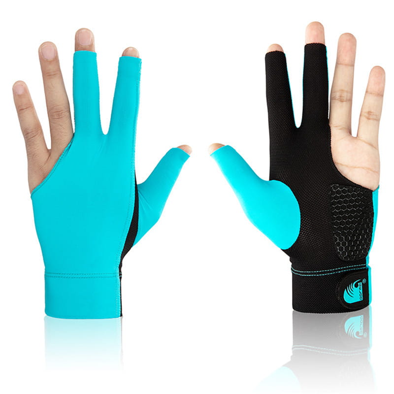 a pair of billiards gloves for the left hand in vibrant turquoise and black lycra with textured grip panels on the back for anti skid snooker cue control