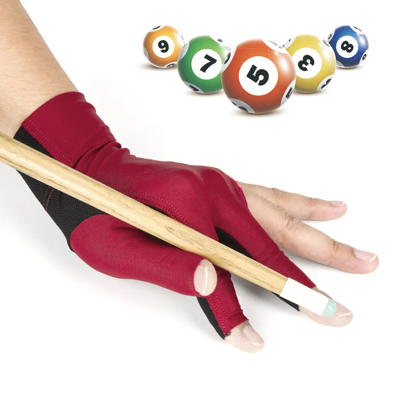red and black fingerless billiards glove made of lycra with reinforced grip areas designed for anti skid use in snooker and pool on the left hand showing the back side of the product
