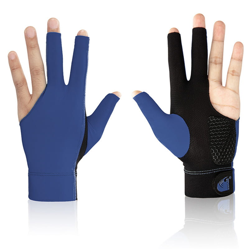 Blue and black fingerless billiards glove with anti skid lycra material and a breathable mesh panel on the back of the hand for snooker cue pool use on the left hand.