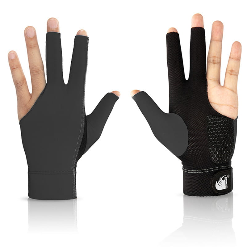 Black three-fingered billiards glove made of lycra with a mesh panel and adjustable wrist strap showing the back side designed for anti-skid use in snooker and pool on the left hand.