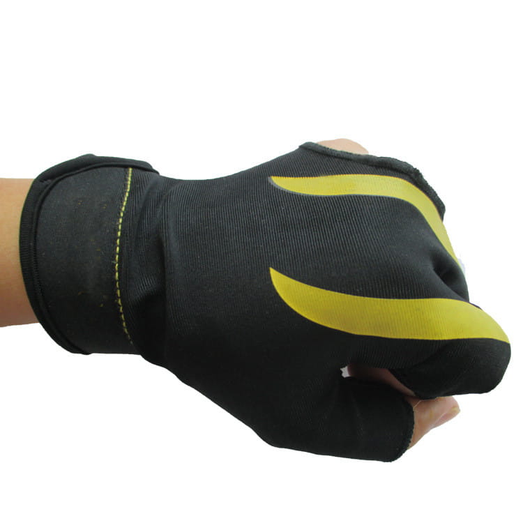 Black fingerless billiards glove made of lycra for left hand with bold yellow curved stripes and reinforced stitching, shown from the back side.