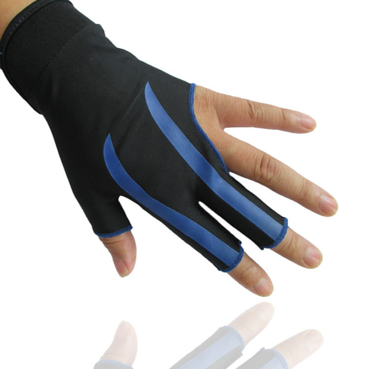 Black and blue fingerless billiards glove with stretchy lycra fabric and reinforced seams showing the back side for anti skid snooker cue pool use on the left hand.