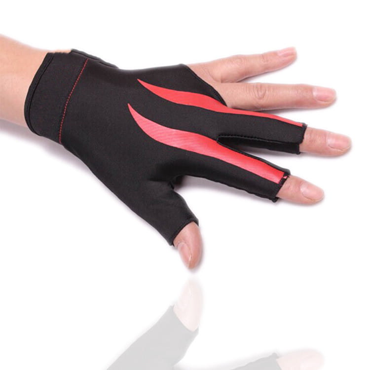 Black fingerless billiards glove made of lycra with vibrant red curved stripes on the back for anti skid snooker and pool cue use on the left hand.