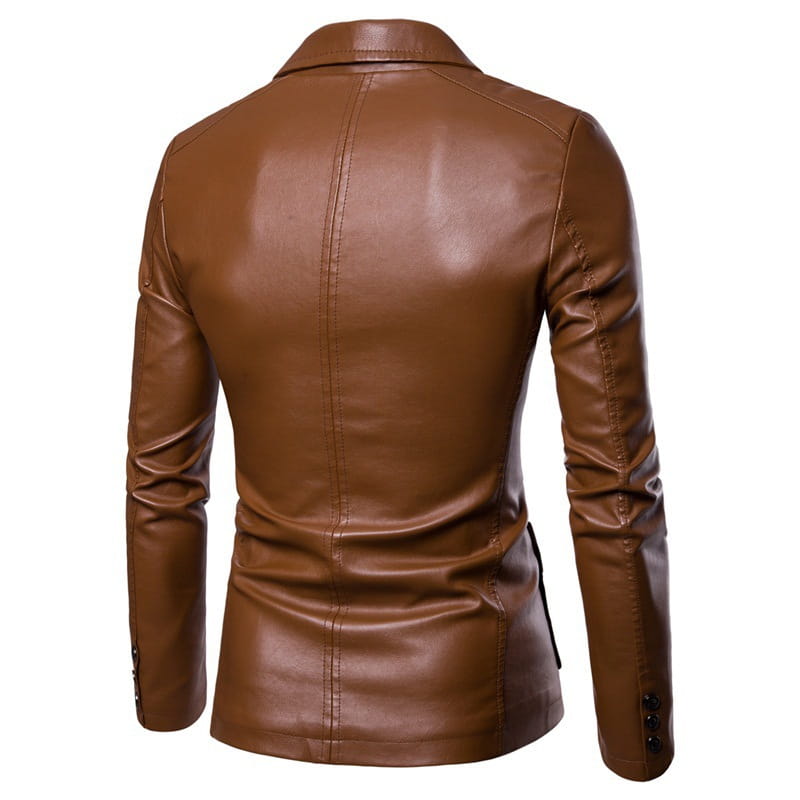 Herren-Slim-Fit-Sakko aus braunem Kunstleder (PU) mit maßgeschneiderter Passform und dezenten Ziernähten.
