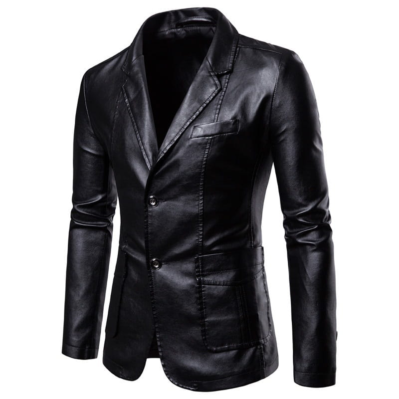 Herren-Slim-Fit-Sakko aus schwarzem Kunstleder (PU) mit elegantem, modernem Design und zwei Frontknöpfen.
