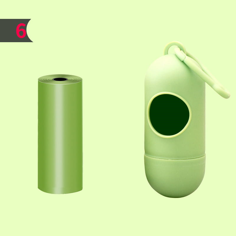 Light green silicone dog poop bag dispenser with matching roll of bags and circular opening for easy access in a waste bags set.
