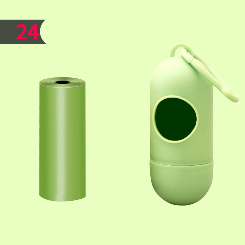 Light green silicone dog poop bag dispenser with a matching roll of waste bags for convenient pet waste disposal.