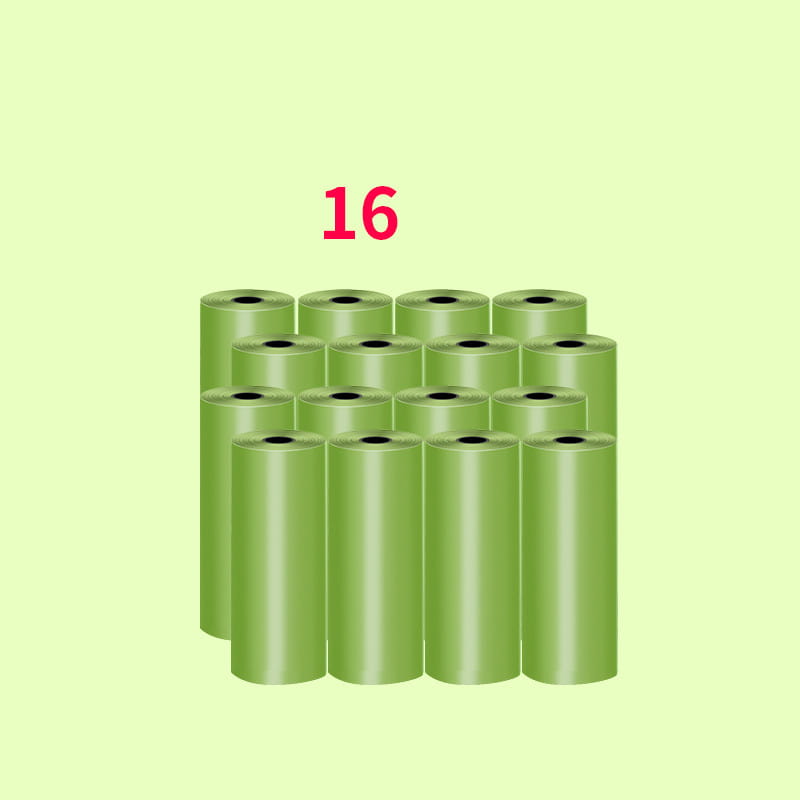 sixteen rolls of green glossy plastic dog poop bags included in a dog poop bag dispenser and waste bags set designed for convenient pet waste disposal.