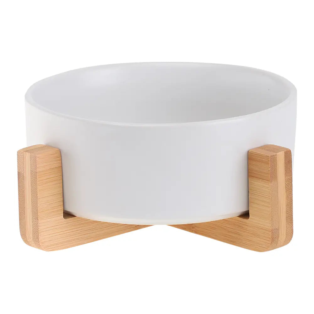 White ceramic pet bowl with bamboo stand featured in a ceramic double pet bowl with wood stand product.