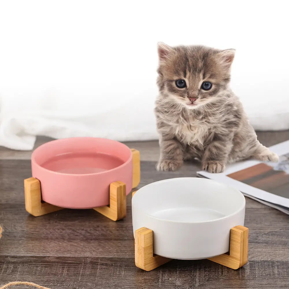 Pink and white ceramic double pet bowls with bamboo wood stand for feeding pets.