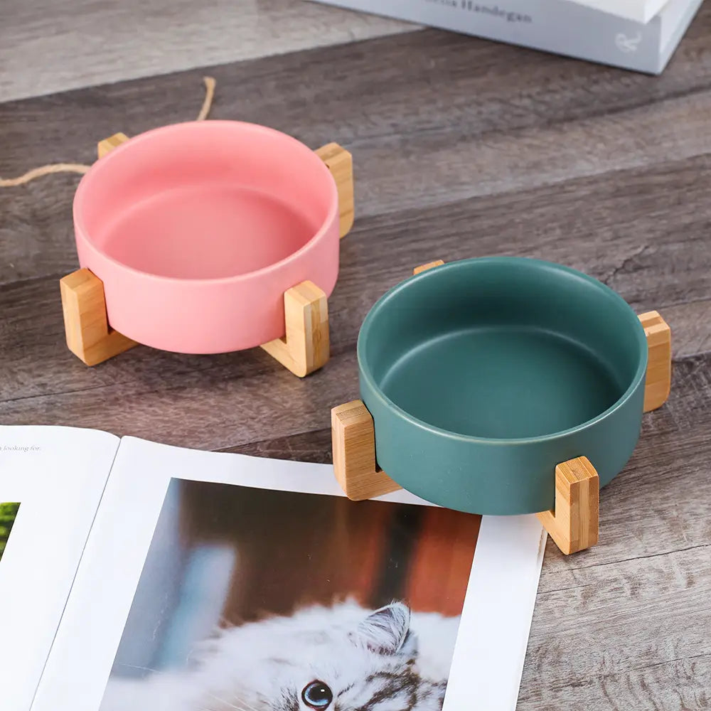 ceramic double pet bowl with wood stand featuring pink and teal ceramic bowls for feeding pets.