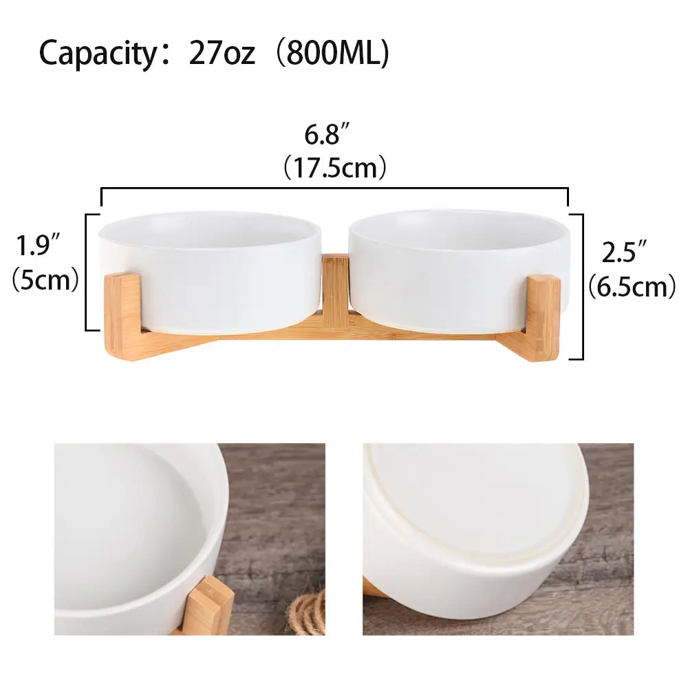 White ceramic double pet bowl with bamboo stand designed for food and water serving
