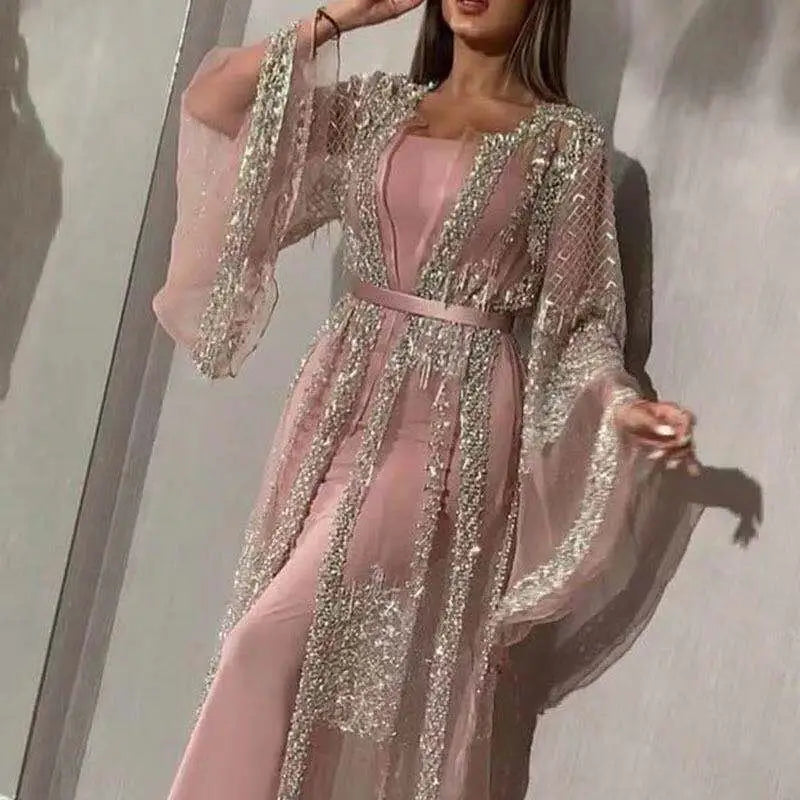 a blush pink sheer overlay embellished lace v neck chinese retro evening gown with silver beading and a matching satin belt