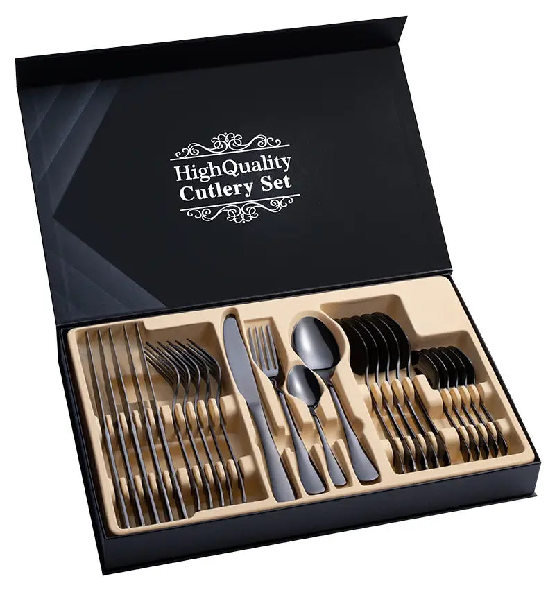 Black matte-finish stainless steel cutlery set in an elegant black gift box featuring 24 pieces with a mirror finish.
