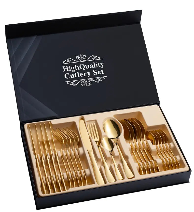 Gold-finished stainless steel 24 piece cutlery set with mirror finish in a black gift box.