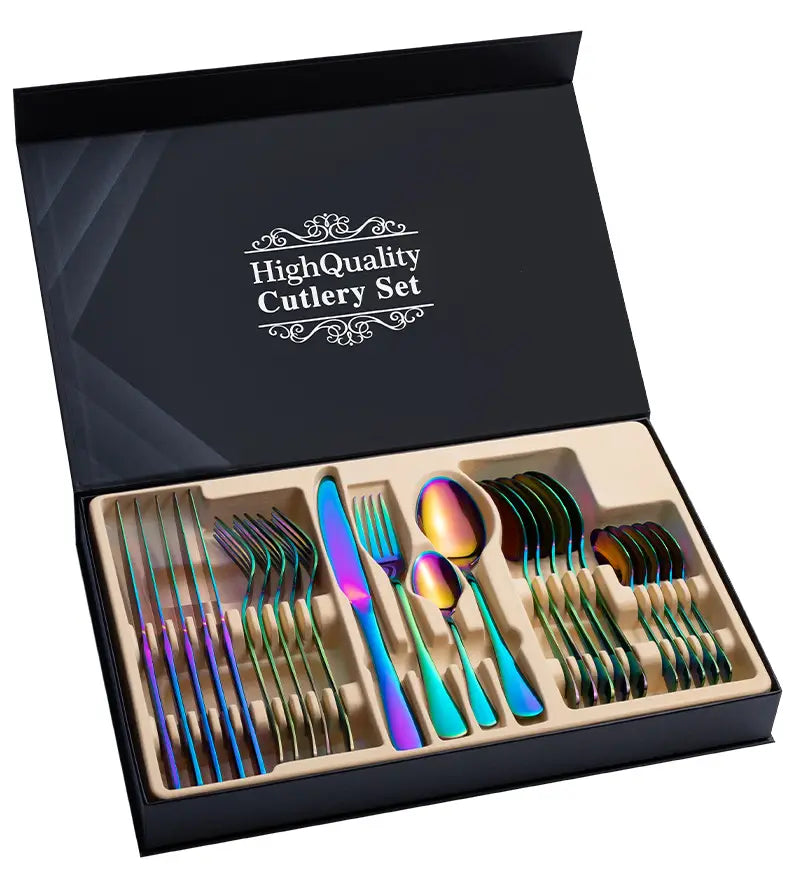 Rainbow-finished stainless steel 24 piece cutlery set with mirror finish displayed in a black gift box.